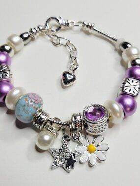 New Pandora Style Charm Bracelet Purple Silver Color White Daisy Stars Hearts